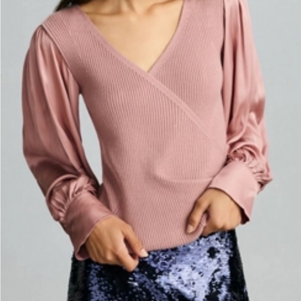 By Anthropologies Twofer Faux- wrap puff sleeve sweater in mauve size XXS NWOT